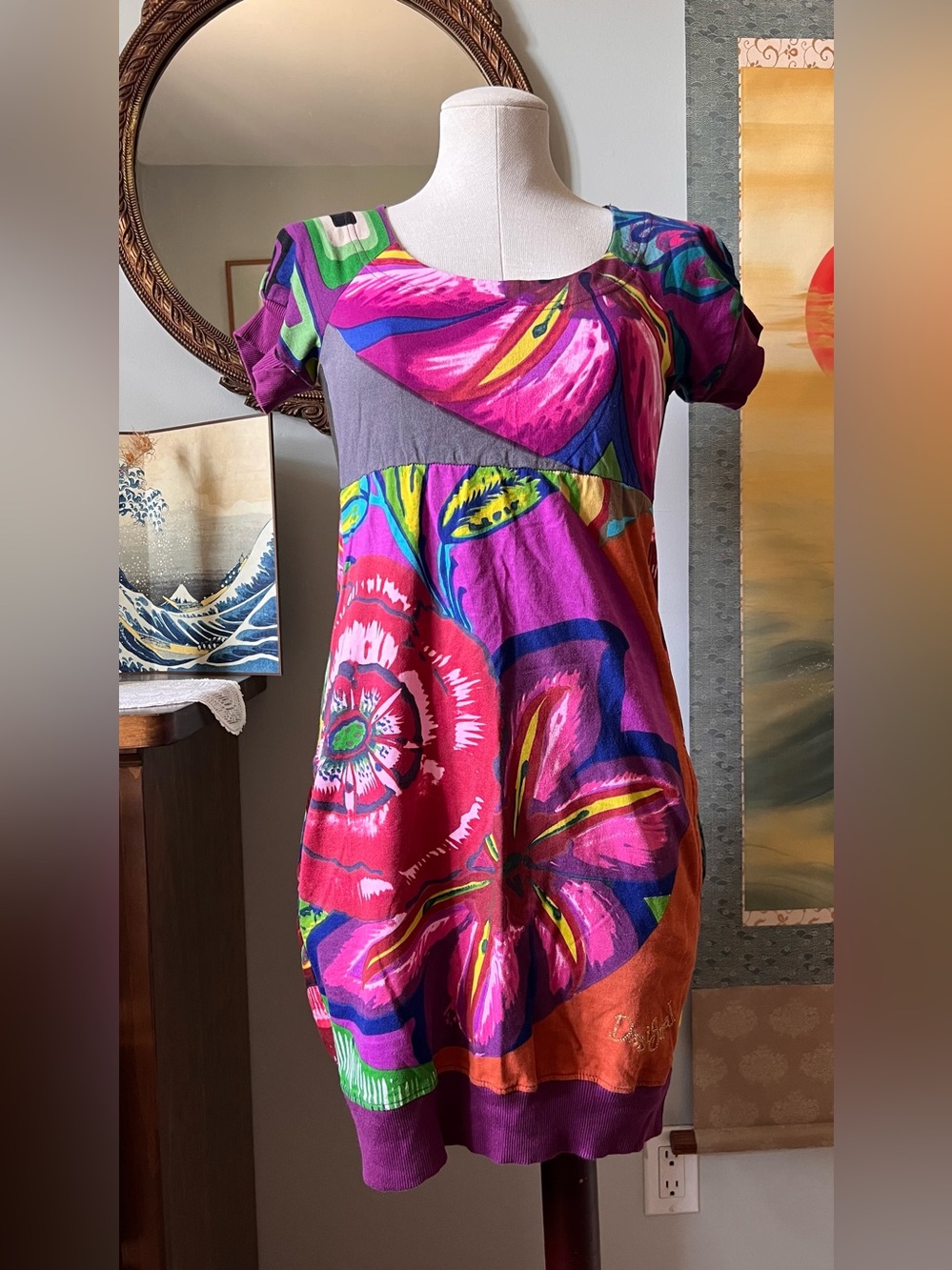 Desigual Bold Floral Scoop-Neck Women's Dress in Fuchsia